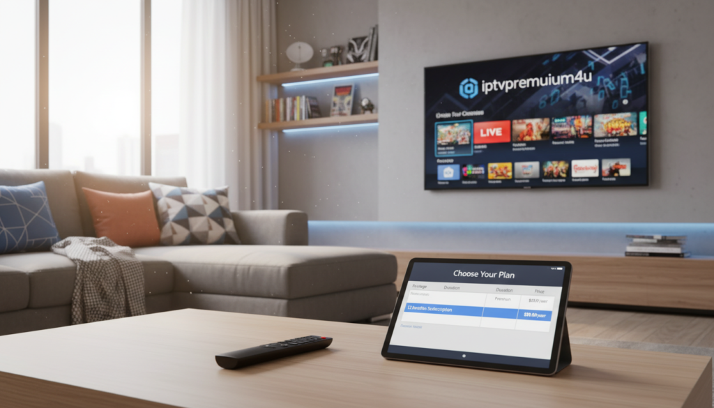 A modern streaming setup featuring an IPTV subscription interface displayed on a sleek smart TV screen, showcasing the brand "iptvpremuim4u." In the foreground, a stylish remote control lies next to a tablet showing a comparison table of various pricing plans and packages, highlighting a 12-month subscription option. In the middle ground, a cozy living room atmosphere with a comfortable sofa and decorative cushions creates a welcoming mood. Soft, natural lighting filters in through large windows, casting a warm glow across the scene. The background is adorned with tech-related decor, emphasizing the theme of digital entertainment. The overall atmosphere conveys clarity and focus, perfect for illustrating IPTV subscription options in a professional context.