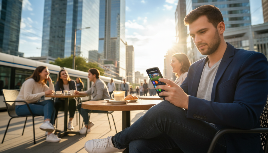 A modern urban setting showcasing a person using a smartphone to stream IPTV content on-the-go. In the foreground, a young professional dressed in smart casual clothing is seated at a café table, engaged with the screen displaying the "iptvpremuim4u" interface featuring vibrant and user-friendly IPTV app graphics. The middle layer reveals a lively café atmosphere with patrons enjoying their drinks and small conversations. In the background, blurred cityscape detailing tall buildings under a clear blue sky, combined with warm sunlight streaming through, creates a cheerful and dynamic ambiance. The angle is slightly tilted to emphasize the interaction with the mobile device, and the overall mood is energetic and modern, highlighting flexibility in viewing options.