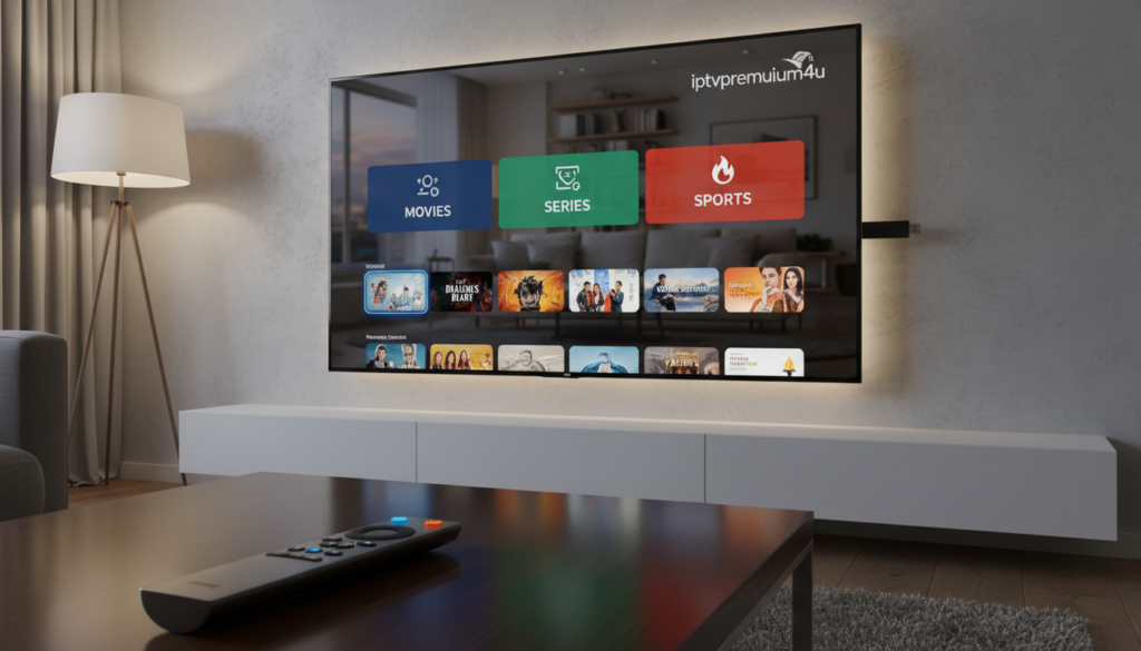 A modern user interface for an IPTV app displayed on a sleek television screen, featuring vibrant streaming content categories such as movies, series, and sports. The foreground showcases a remote control with glowing buttons, inviting interaction. In the middle, a visually appealing layout with visually striking icons and a rich background image that gives a sense of depth—a stylish living room with ambient lighting that creates a cozy atmosphere. The background includes a smart TV mounted on a wall, elegantly designed furniture, and subtle hints of technology, like a Firestick plugged into the TV. The overall mood is innovative and user-friendly, highlighting the premium service of "iptvpremuim4u". Use soft, warm lighting, with a focus on the screen's colorful interface.