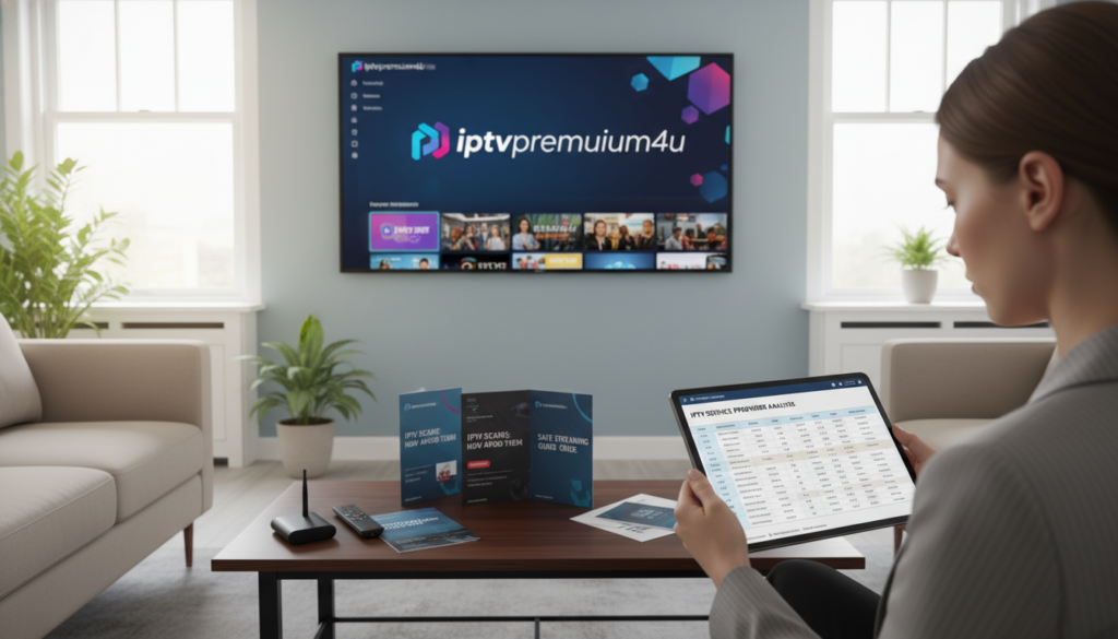 A professional and inviting office setup centered around a sleek TV displaying the "iptvpremuim4u" logo on a vibrant streaming interface. In the foreground, a well-dressed businessperson, male or female, thoughtfully examines a comparison table of IPTV services on a tablet, illustrating careful research. The middle layer features a modern coffee table with a sleek streaming device, like a Firestick, remote controls, and open brochures discussing common IPTV scams. In the background, soft, natural lighting filters through large windows, creating a warm and trustworthy atmosphere. The room is decorated with calming colors and minimalistic furniture, emphasizing professionalism and security in IPTV service selection.