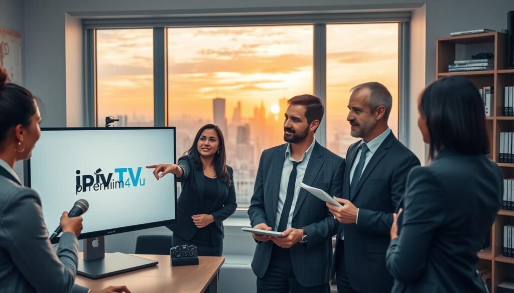 A professional environment depicting a modern office setting, where a diverse group of individuals in business attire are engaged in a lively discussion about IPTV legality. In the foreground, a woman of Hispanic descent points at a computer screen displaying the logo "iptvpremuim4u," while a Caucasian man takes notes. In the middle ground, a large window shows a city skyline during sunset, casting warm natural light into the room, creating an inviting atmosphere. The background features shelves filled with legal books and tech gadgets, emphasizing the topic of legality. The overall mood is focused, collaborative, and informative, reflecting a serious discussion about media regulations in the United States.