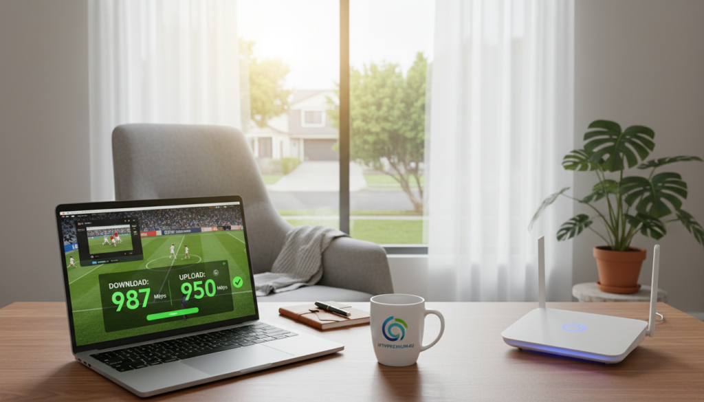 A serene home office setting depicting the essence of "internet connection stability." In the foreground, a sleek computer desk houses a laptop running IPTV software, with a fast internet speed test on the screen. A modern router glows gently, indicating strong connectivity. The middle ground features a comfortable chair, a notepad, and a plant adding a touch of warmth. In the background, a sunlit window reveals a peaceful suburban view, with slight lens flares for a bright ambiance. The lighting is bright and clear, capturing an atmosphere of productivity and tranquility. The overall mood suggests a seamless and efficient user experience, perfect for optimizing internet connection stability. Also, subtly include a logo or symbol representing "iptvpremuim4u" integrated into the image design.