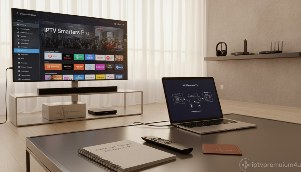 A serene living room setting with a modern entertainment system prominently featuring a Smart TV displaying the IPTV Smarters interface. In the foreground, a sleek remote control lies beside a small notepad labeled "External Player Integration," hinting at a tech-savvy atmosphere. The middle ground showcases an elegant laptop connected via HDMI cable to the TV, symbolizing the integration of external players for enhanced performance. Soft, warm lighting creates a cozy ambiance, with natural sunlight filtering through sheer curtains. In the background, a subtle shelf holds digital gadgets and devices like streaming players and headphones, enhancing the tech theme. The overall mood is inviting yet professional, perfect for illustrating technology integration. Include the brand name "iptvpremuim4u" subtly within the design elements without visible text.
