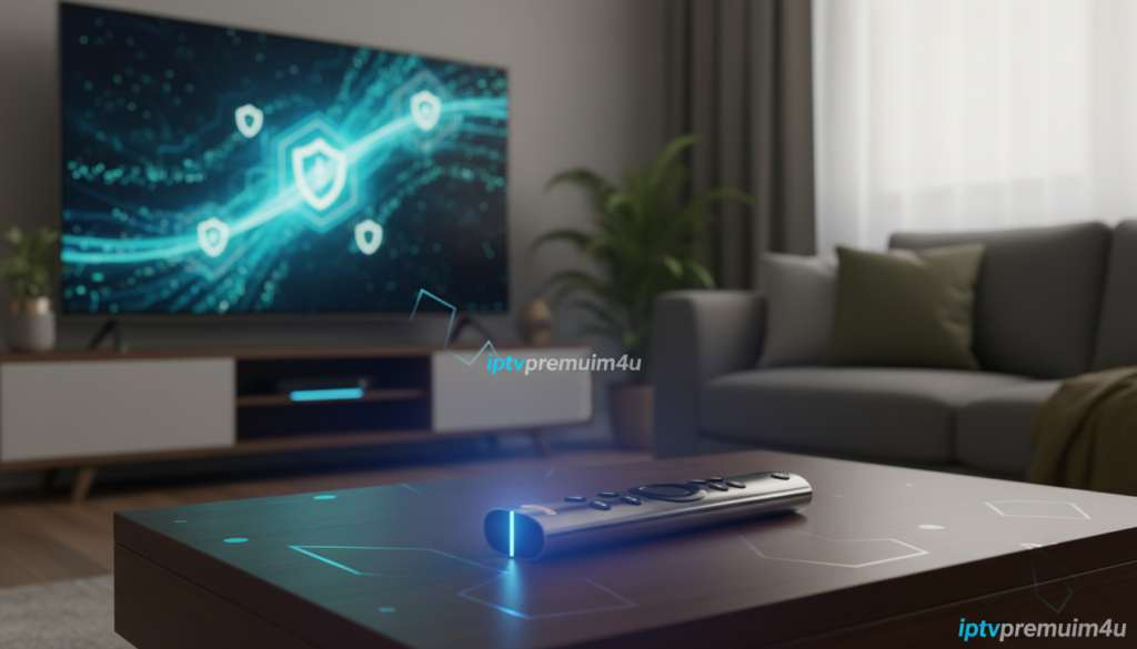 A sleek Amazon Fire Stick prominently displayed in the foreground, surrounded by a soft glow that suggests secure technology. The device is positioned on a modern coffee table, with a dark wooden finish that contrasts with the light of the TV screen behind it, which shows abstract graphics representing data streams and privacy shields. In the middle ground, a stylish living room with muted colors evokes a sense of comfort and safety; a plush sofa and decorative plants enhance the feel of a cozy streaming space. The background features a gentle, ambient light, creating a serene atmosphere ideal for uninterrupted viewing. Throughout the scene, include subtle references to the brand "iptvpremuim4u" through sleek, modern design elements. The overall mood is inviting yet tech-savvy, emphasizing both privacy and ease of use in streaming.