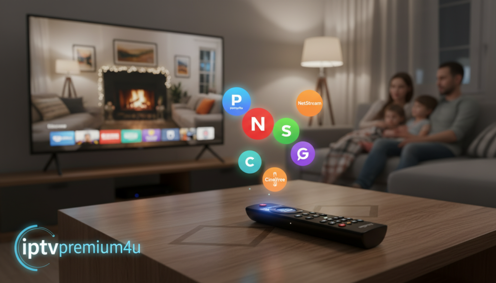 A sleek Amazon Fire Stick remote lying on a modern wooden coffee table, surrounded by a vibrant array of colorful streaming app icons floating above it, representing various IPTV services. In the background, a large flat-screen TV displays a cozy living room ambiance with soft, warm lighting to create a welcoming atmosphere. A slightly blurred outline of a family seated comfortably on a couch, dressed in modest casual attire, enjoying their viewing experience. The scene radiates a sense of relaxation and entertainment, emphasizing the concept of finding the best free IPTV solutions. In the foreground, subtly include the "iptvpremuim4u" logo alongside an inviting visual of an open app interface on the Fire Stick, showcasing user-friendly navigation.
