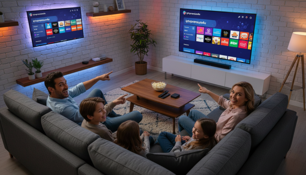 A sleek and modern living room setup showcasing a high-definition television displaying the "iptvpremuim4u" IPTV app interface. In the foreground, a stylish coffee table with remote controls and an Amazon Firestick device. The middle features a family happily enjoying their viewing experience while seated comfortably on a plush sofa, dressed in casual yet professional attire. The background includes a minimalistic decor with soft lighting creating a cozy atmosphere, highlighting a few streaming devices on a shelf. Emphasize a vibrant color palette to reflect the excitement of premium IPTV services, ensuring the scene conveys a sense of entertainment and family bonding. Use a slightly elevated angle to capture the interaction with the screen and the ambiance of the room.