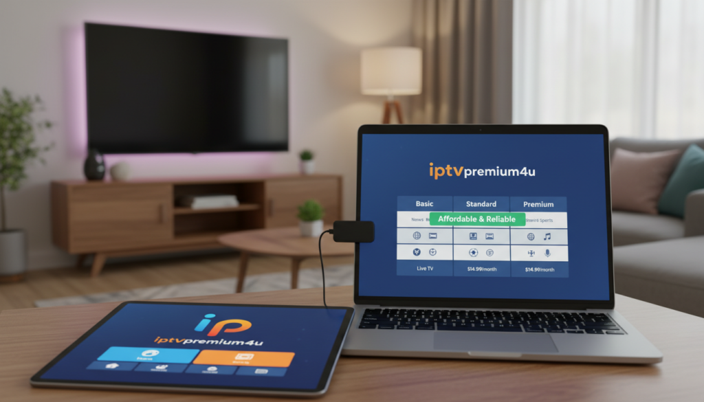 A sleek digital workspace showcasing an interactive IPTV service pricing comparison table. In the foreground, a high-resolution tablet displays the "iptvpremuim4u" brand, featuring a modern app interface with vibrant colors. In the middle ground, a laptop screen shows user-friendly pricing tiers, with icons representing various channels and a highlighted "Affordable & Reliable" tag. The background features a cozy living room setup with a streaming device like a Firestick connected to a large flat-screen TV, gently illuminated by warm ambient lighting. The mood is professional and tech-savvy, emphasizing accessibility and affordability in streaming services, with a clean and organized layout that invites viewers to engage.