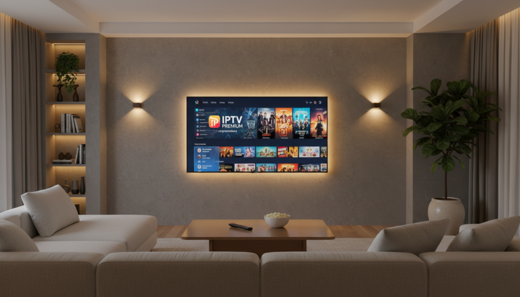 A sleek living room scene featuring a modern TV mounted on the wall, displaying the vibrant IPTV Premium streaming interface of "iptvpremuim4u" on a Firestick device. In the foreground, a stylish coffee table with a remote control and a bowl of popcorn. The middle ground showcases a comfortable couch with plush cushions, inviting viewers to relax while streaming. Ambient lighting creates a warm, cozy atmosphere, highlighting the entertainment setup. Soft shadows add depth, giving the room a spacious feel. In the background, subtle decor elements like potted plants and bookshelves contribute to a homely vibe. Ensure the scene is devoid of any text or logos, focusing solely on the streaming experience.