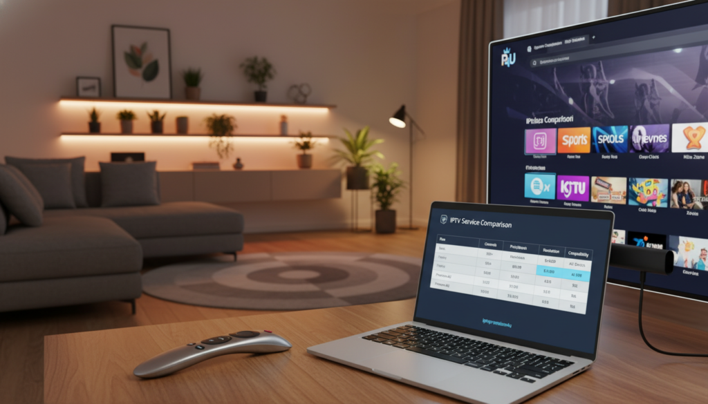 A sleek, modern IPTV subscription setup showcasing a streaming interface on a smart TV screen. In the foreground, a stylish remote control lies next to a laptop displaying a subscription comparison table with various IPTV service plans, highlighting features like channels, pricing, and compatibility. The middle layer features a Firestick device plugged into the TV, emphasizing the accessibility of premium services. In the background, a sophisticated, softly lit living room with plush seating and ambient lighting creates a relaxed atmosphere, enhancing the feeling of premium entertainment. The brand name "iptvpremuim4u" appears subtly as part of the laptop screen display. The scene captures a professional yet inviting mood, perfect for viewers exploring their IPTV options.