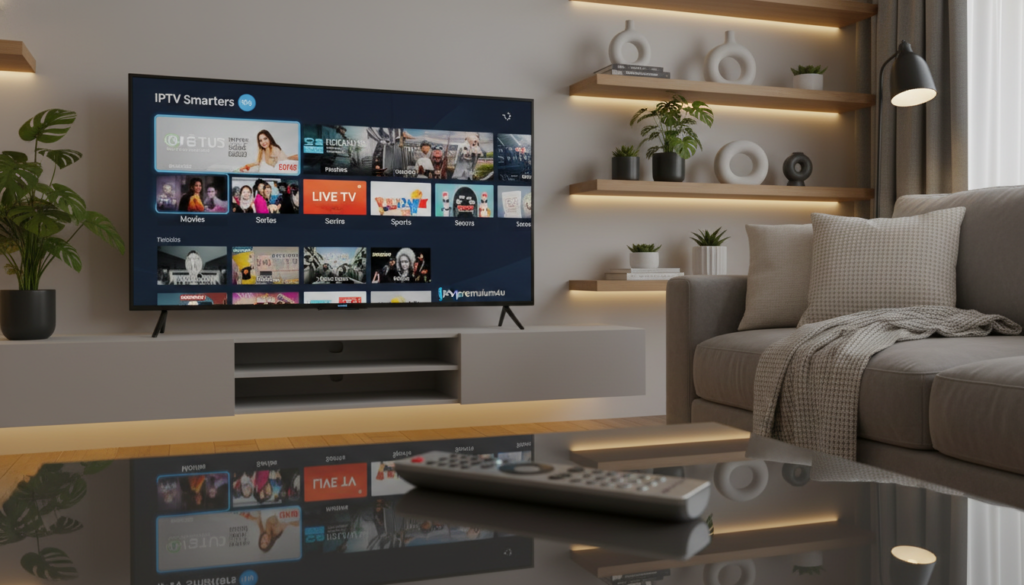 A sleek modern home entertainment setup featuring a TV displaying the IPTV Smarters Pro interface, showcasing a visually appealing layout of streaming options. In the foreground, a stylish remote control rests on a glass coffee table, reflecting the warm ambient light of the room. In the middle ground, a cozy sofa is adorned with decorative pillows, creating an inviting atmosphere. The background reveals a contemporary living room with plants and shelving, contributing to a relaxed vibe. The lighting is soft, highlighting the vibrant colors of the screen and the surrounding decor. The overall mood is one of comfort and accessibility. Include subtle branding for "iptvpremuim4u" in the design elements around the TV without overpowering the serene ambiance.