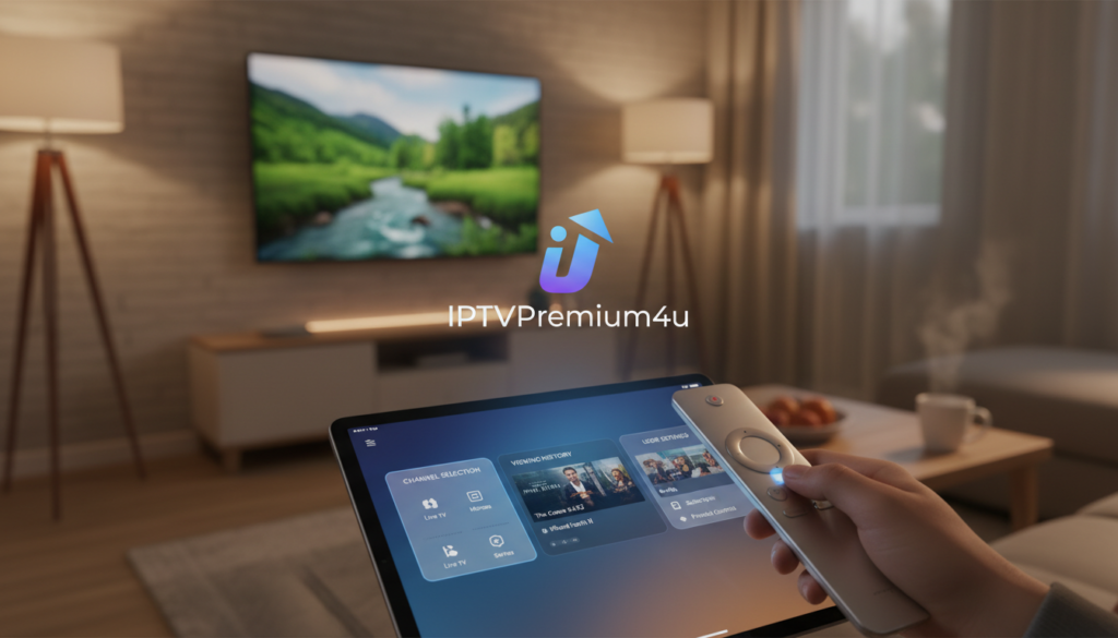 A sleek, modern interface of a companion app prominently featuring the iptvpremium4u logo in the foreground. The app dashboard displays customizable widgets for channel selections, viewing history, and user settings, all arranged in an intuitive layout. In the middle ground, a close-up on a hand interacting with a smart TV remote, highlighting the navigation through the app. The background features a softly lit living room, with a stylish TV mounted on the wall, showcasing a vibrant streaming image. Use warm, inviting lighting to create a cozy atmosphere, with a focus on clarity and detail in the app interface. The overall mood should be one of advanced technology and personalization, appealing to power users seeking customization options.