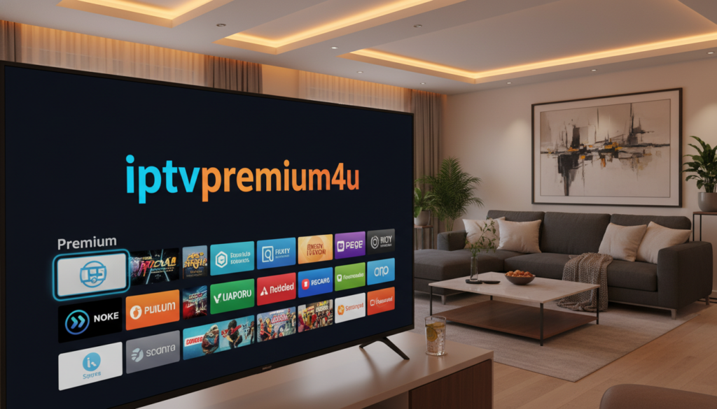 A sleek, modern living room environment showcasing a high-end IPTV service experience. In the foreground, a large flat-screen TV displays the brand logo "iptvpremuim4u" prominently in vivid colors, with a vibrant interface of premium channels and content. In the middle ground, a comfortable sofa set with plush pillows invites relaxation, while a stylish coffee table holds a remote control and snacks. The background features soft ambient lighting that creates a cozy atmosphere, with tasteful decor such as framed art and plants. Capture the scene from a slightly elevated angle, emphasizing a warm, inviting mood that highlights the luxury and quality of premium IPTV services.