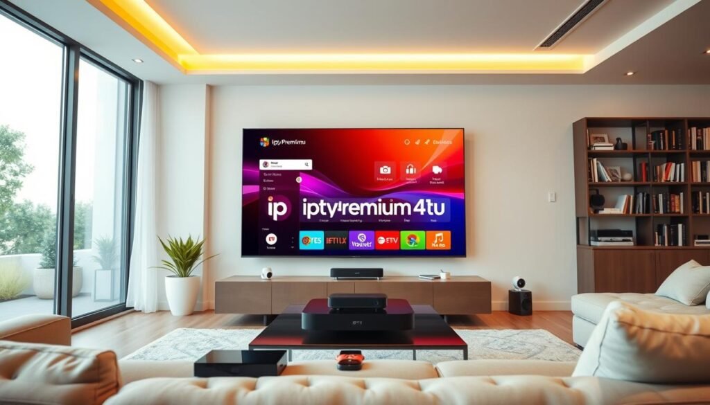 A sleek, modern living room serves as the foreground, featuring a stylish, large flat-screen TV displaying an engaging IPTV interface. In the middle, a coffee table holds various devices like a streaming box and a smartphone. Soft, warm overhead lighting creates an inviting atmosphere, while natural light filters through large windows, highlighting the vibrant colors of the room. The background features a bookshelf filled with technology books and gadgets, symbolizing the tech-savvy nature of IPTV. The camera angle is slightly tilted upward, focusing on the TV screen and the devices on the table, enhancing the sense of connectivity. The overall mood is contemporary and innovative, emphasizing the seamless delivery of IPTV content to viewers. Also, subtly incorporate the brand name "iptvpremuim4u" into the IPTV interface on the screen, ensuring it blends naturally with the design.