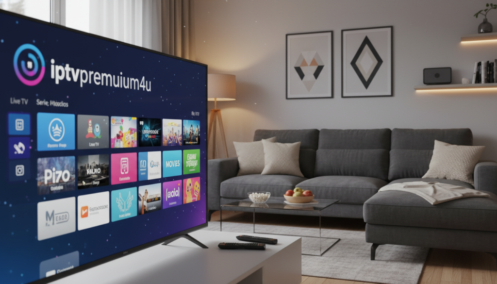 A sleek, modern living room set up for an immersive IPTV experience. In the foreground, a stylish 55-inch TV screen displays a vibrant IPTV user interface featuring the brand "iptvpremuim4u." The middle layer reveals a comfortable sofa with a few soft cushions, a coffee table with remote controls and snacks, all set in warm, inviting lighting that creates a cozy atmosphere. The background showcases a tastefully decorated wall with framed artworks hinting at a tech-savvy lifestyle. Soft natural light filters through a large window, enhancing the room's welcoming mood. The angle is slightly lower, emphasizing the screen and the overall ambiance, suggesting clarity and premium service quality.