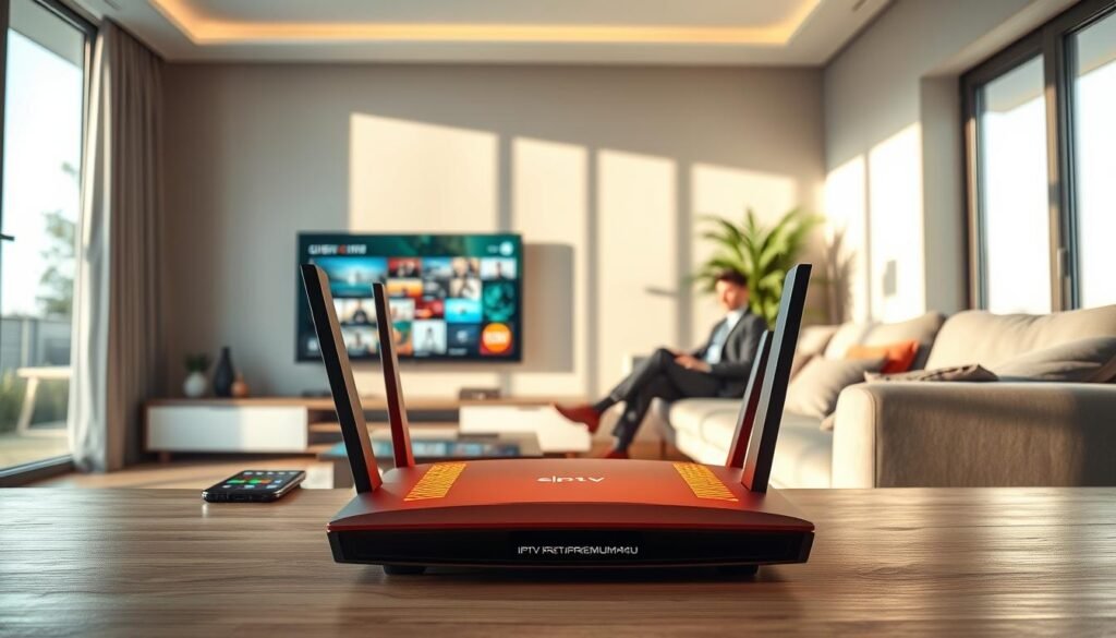 A sleek modern living room setting, featuring a high-tech TV displaying vibrant streaming content, with a wireless router prominently in the foreground. The router is glowing, indicating a strong internet connection, surrounded by devices like a smartphone and tablet showing buffering streams. In the background, large windows allow natural sunlight to flood in, creating a warm and inviting atmosphere. Soft shadows dance across the walls, enhancing the cozy feel. A person dressed in professional business attire is seated comfortably on a stylish couch, attentively focused on the screen, embodying the concept of solving connection issues. The overall mood is one of optimism and ease. The brand name "iptvpremuim4u" subtly incorporated into the router design.