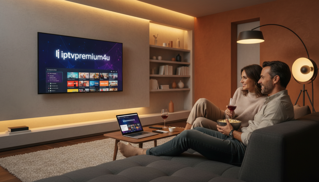 A sleek, modern living room setting featuring a large flat-screen TV displaying a vibrant interface of a premium IPTV service, specifically highlighting "iptvpremium4u". In the foreground, a stylish, well-dressed couple sits comfortably on a contemporary sofa, engaged in a relaxing watch experience with snacks nearby. The middle ground includes a coffee table with remote controls and a laptop showing the online service options. The background showcases elegant decor with soft, ambient lighting creating a cozy atmosphere. Use a warm color palette to enhance the inviting mood, while ensuring the scene captures the premium nature of IPTV services compared to free apps. Utilize a slight angle to emphasize both the couple's enjoyment and the television display.