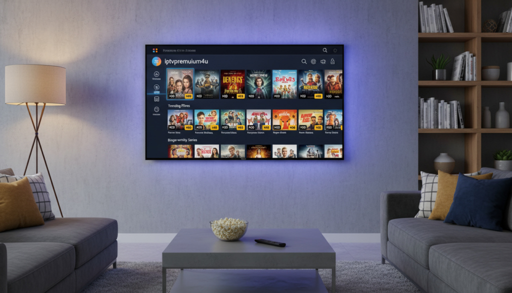 A sleek, modern living room setup featuring a large flat-screen TV displaying the "iptvpremuim4u" interface, showcasing a vibrant selection of movies and series in HD and 4K. In the foreground, a stylish coffee table holds a bowl of popcorn and a remote control, while a comfortable sectional sofa is adorned with throw pillows. The middle of the scene includes a subtle glow from the TV screen illuminating the room, with the ambiance enhanced by soft, warm lighting from a nearby floor lamp. The background includes a shelf with books and decorative items, creating a relaxing atmosphere perfect for film enthusiasts. The overall mood should feel inviting and contemporary, emphasizing a premium streaming experience.