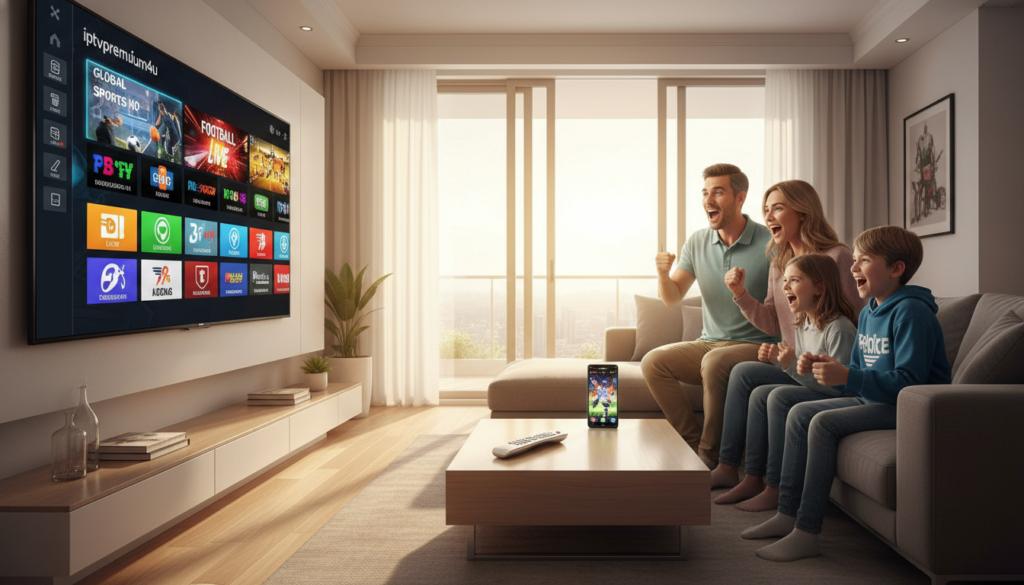 A sleek, modern living room setup featuring a large flat-screen TV displaying the interface of the IPTV app "iptvpremuim4u" with vibrant sports channel options. In the foreground, a minimalist coffee table holds a remote control and a smartphone streaming highlights. The middle ground showcases a cozy couch with a family watching intently, dressed in casual yet neat clothing, embodying excitement for live sports. The background reveals a window with natural sunlight illuminating the space, creating a warm and inviting atmosphere. The lens perspective is slightly elevated to capture both the screen and the viewers' reactions, reflecting an atmosphere of anticipation and joy for live sports events.