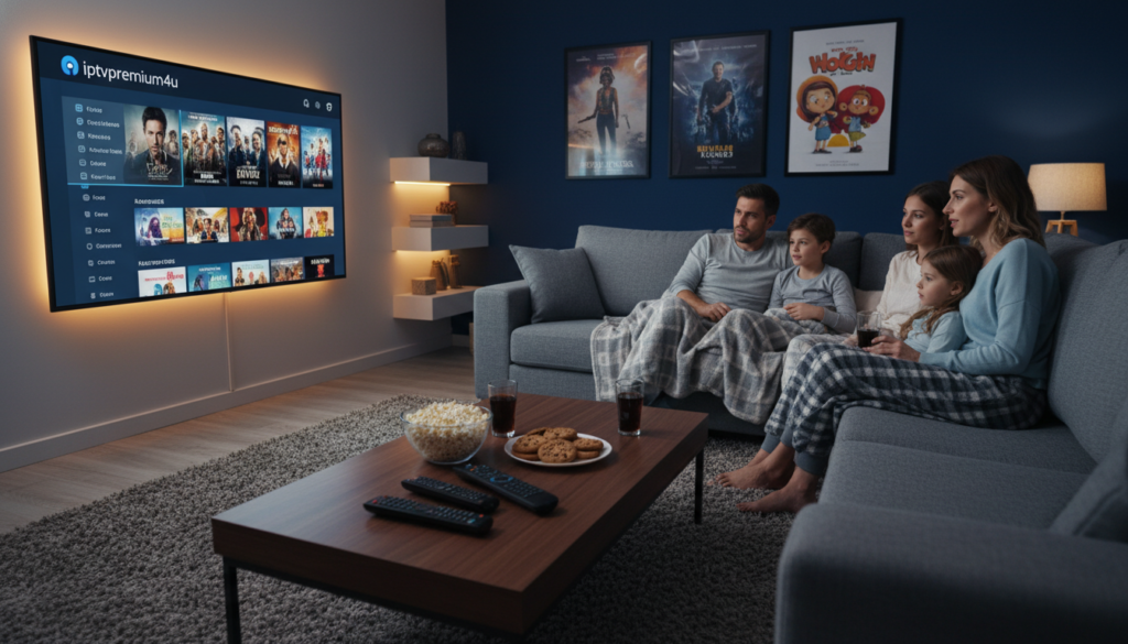 A sleek, modern living room setup showcasing a high-definition TV displaying the iptvpremium4u streaming interface. In the foreground, a stylish coffee table with remote controls and snacks, highlighting a viewing experience. The middle layer features a comfortable couch with a family enjoying a movie night, dressed in casual attire, immersed in the content. The background features soft, ambient lighting with decorative elements, creating a cozy atmosphere. The walls are adorned with framed movie posters to enhance the theme of films and series. A cinematic angle captures the entire scene, emphasizing both the tech and the enjoyment of legal IPTV services, evoking a sense of relaxation and family bonding.