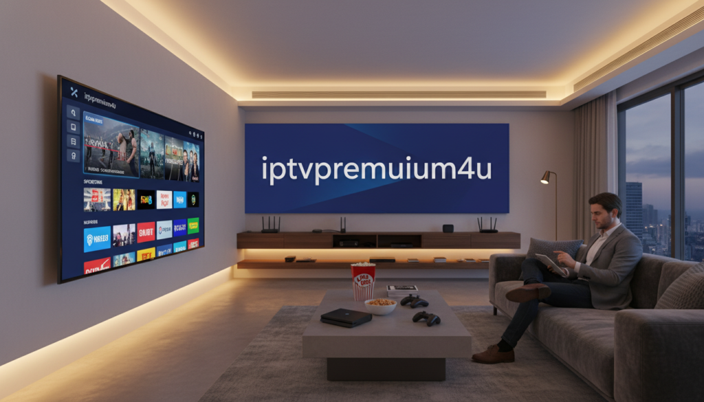 A sleek, modern living room setup showcasing a high-end IPTV streaming experience. In the foreground, a stylish smart TV displaying the IPTV app interface "iptvpremuim4u" with vibrant thumbnails of various channels. To the right, a cozy sofa with a user casually browsing through a tablet, dressed in professional business attire. In the middle ground, a coffee table adorned with snacks and a gaming console, hinting at a social viewing atmosphere. The background features a contemporary bookshelf filled with tech gadgets and streaming devices. Soft, warm lighting creates an inviting ambiance, enhancing the mood of a relaxed yet tech-savvy environment. The angle captures the room from an inviting perspective, emphasizing the IPTV setup while maintaining a polished and sophisticated look.