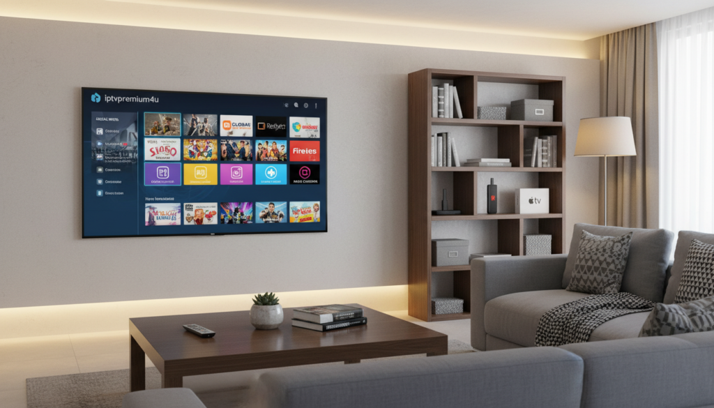 A sleek, modern living room setup showcasing a smart TV displaying the IPTV interface of "iptvpremuim4u". In the foreground, a neatly arranged coffee table with a remote control and some subtle decor items. The middle section features the TV prominently displaying a grid of channel options, illustrating a vibrant and user-friendly interface with colorful thumbnails of various shows and channels. In the background, a cozy sofa, soft lighting creating a warm atmosphere, and a decorative bookshelf with streaming devices like a Firestick. The perspective captures an inviting ambiance, encouraging viewers to explore affordable IPTV services. The mood is relaxed and tech-savvy, emphasizing the convenience of channel availability for users seeking cheap IPTV solutions.
