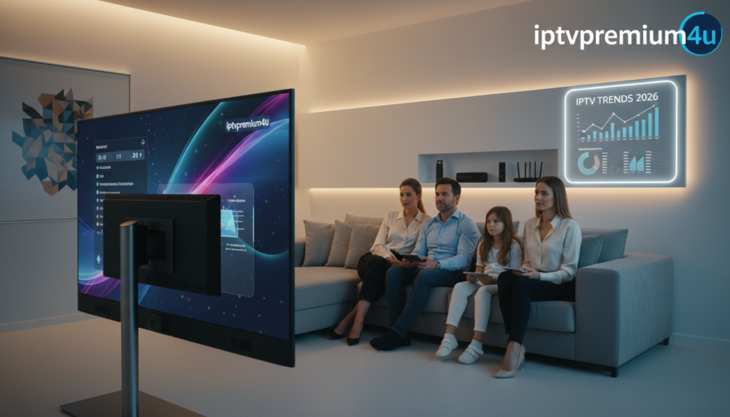 A sleek, modern living room setup showcasing the latest IPTV subscription service. In the foreground, a stylish TV display streams vibrant content featuring the "iptvpremuim4u" logo prominently on the screen, representing high-quality viewing. Middle ground includes a cozy couch with a family enjoying streaming, dressed in casual, professional attire for a relatable yet polished look. The background features a wall-mounted entertainment center with various IPTV devices like a Firestick and detailed comparison charts or pricing trends for 2026 neatly arranged. Soft, ambient lighting enhances the inviting atmosphere, and the image captures a dynamic angle that highlights the interaction between users and their streaming setup, evoking feelings of excitement and modernity.