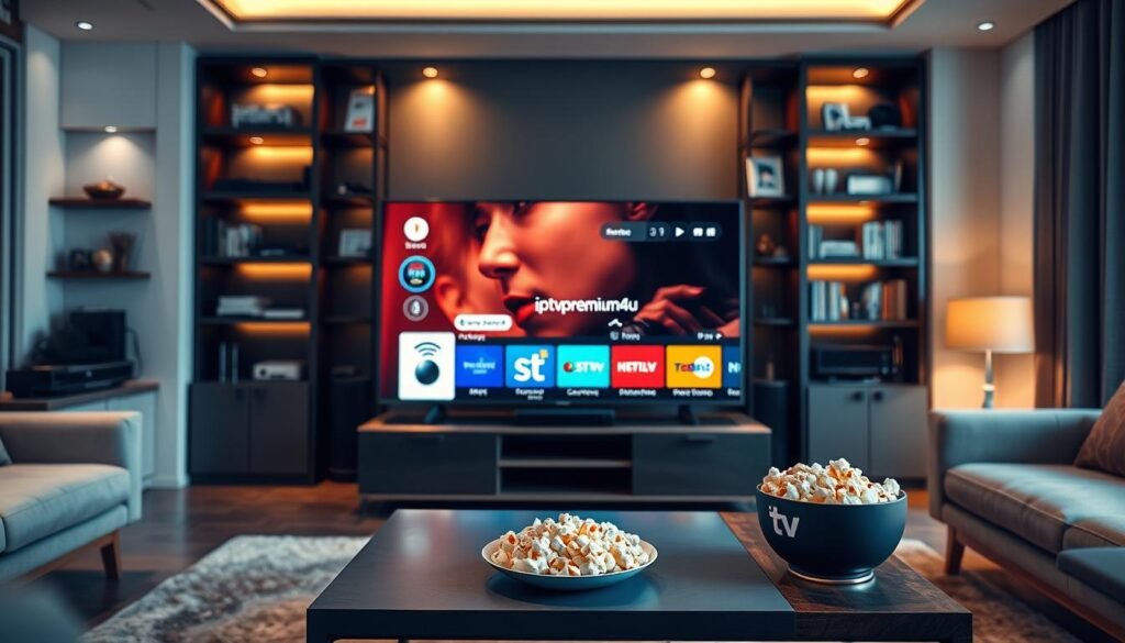 A sleek, modern living room showcasing IPTV technology. In the foreground, a smart TV displays a vibrant interface with various streaming options, clearly highlighting the brand name "iptvpremium4u". The middle ground features a stylish coffee table with a high-tech remote and a bowl of popcorn, evoking a cozy viewing experience. In the background, soft warm lighting illuminates the space, with bookshelves lined with tech gadgets and streaming receipts. The atmosphere is inviting and relaxed, emphasizing the ease of accessing IPTV services. Capture the mood with a slight depth of field, focusing on the TV while softly blurring the background, creating a professional and engaging visual representation of IPTV technology.
