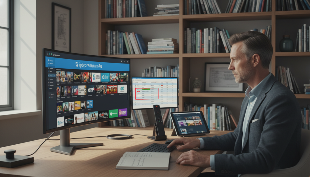 A sleek, modern workspace featuring a large computer screen displaying a vibrant IPTV app interface, showcasing the "iptvpremuim4u" brand. In the foreground, a professional individual in smart casual attire is intently analyzing comparison tables with various IPTV service providers, highlighting features and pricing. The middle ground features various electronic devices like a Firestick and a tablet, indicating a streaming setup. The background consists of a well-organized library filled with books on technology and streaming, creating an atmosphere of research and diligence. Soft, natural lighting filters in through a window, creating a warm and inviting mood, emphasizing the importance of careful decision-making in choosing a legitimate IPTV service.