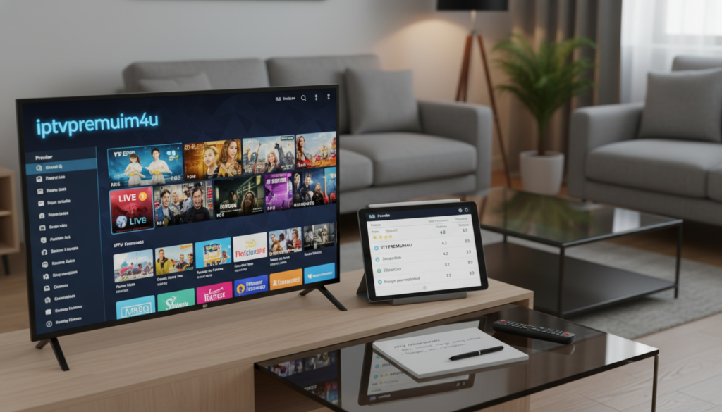 A sleek, modern workspace showcasing a comparison of top IPTV services. In the foreground, a high-resolution screen displays a colorful, interactive IPTV app interface, including the brand "iptvpremuim4u". Beside it, a stylish tablet shows a comparison table highlighting different IPTV providers with ratings and features. In the middle ground, a contemporary coffee table features a Firestick remote and a notepad with notes on each service. The background is softly blurred, highlighting a cozy living room setting with warm lighting from a lamp, creating an inviting atmosphere. The camera angle is slightly above eye level, capturing the scene with a focus on the technology elements while maintaining a clean and professional aesthetic.