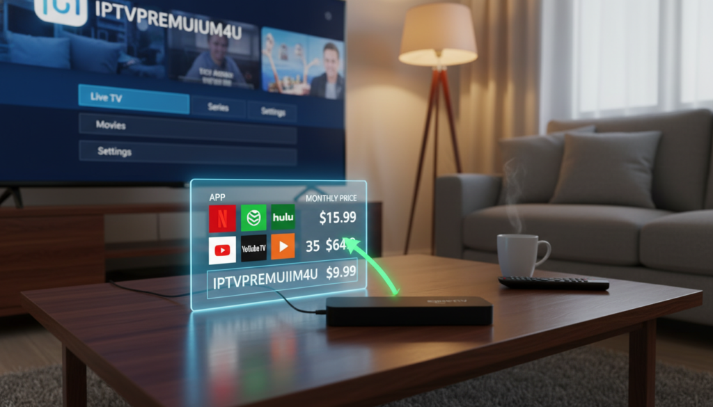 A visually engaging and informative image showing an affordable IPTV streaming setup. In the foreground, depict a sleek coffee table with a modern streaming device, such as a Firestick, displaying the interface of the brand "iptvpremuim4u" on a high-resolution TV screen. The middle ground can feature vibrant icons of popular streaming apps like movies, sports, and news, visually organized in a comparison table highlighting their prices. In the background, create a cozy living room atmosphere, with soft lighting from a floor lamp casting a warm glow. Use a camera angle that emphasizes the streaming device and the TV screen in focus, evoking a mood of comfort and accessibility, reflecting the benefits of choosing cheap IPTV services.
