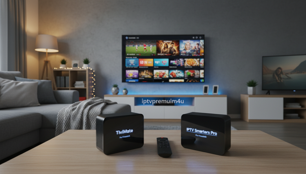 A visually striking and informative image showcasing the concept of IPTV players, specifically highlighting TiviMate and Smarters, ideal for Firestick devices. In the foreground, feature two sleek, modern streaming devices labeled "TiviMate" and "Smarters," positioned side by side on a stylish wooden table. In the middle ground, display a bright, high-resolution screen showing IPTV content being streamed, with vivid colors and engaging visuals. The background should include a cozy living room setting with warm, ambient lighting, enhancing the homely atmosphere, while a soft-focus television plays in the corner. Capture the scene with a wide angle lens for an inviting, dynamic perspective. The overall mood is exciting and inviting, appealing to tech-savvy viewers, with the brand name "iptvpremuim4u" subtly integrated into the design elements.