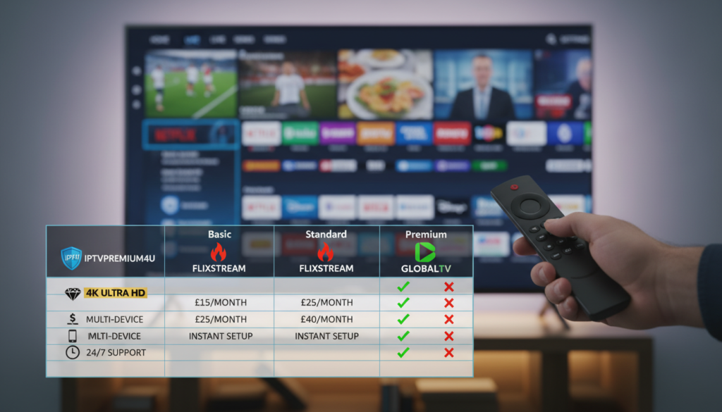 A visually striking comparison table displaying various IPTV plans, featuring icons or logos of popular providers like “iptvpremuim4u” against a sleek background. In the foreground, detailed icons or thumbnails represent different features—such as streaming quality, pricing tiers, and device compatibility—arranged neatly in a grid format. The middle ground highlights a Firestick interface showcasing streaming options, symbolizing user-friendly navigation. In the background, a subtle blurred screen plays iconic IPTV channels to create a lively atmosphere. Soft, diffused lighting casts an inviting glow over the elements, suggesting a modern, tech-savvy ambiance. The mood is informative and engaging, designed to attract potential consumers weighing their IPTV options.