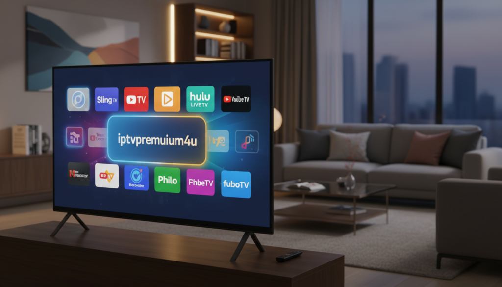 A visually striking image showcasing the top IPTV players, each app represented as a sleek, modern interface on a television screen. In the foreground, a flat-screen TV displays vibrant and colorful thumbnails of the top IPTV apps, emphasizing "iptvpremuim4u." The middle layer features a stylish living room with warm ambient lighting, creating an inviting atmosphere. In the background, a contemporary entertainment setup with a cozy sofa and decorative elements adds depth. The scene is captured from a slight angle to highlight the TV and its content, ensuring a clear focus on the IPTV interfaces. The mood is sophisticated, embodying the excitement and accessibility of top IPTV choices for Firestick users in 2026.