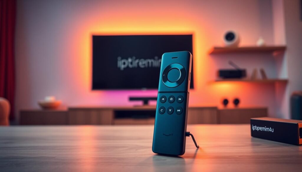A vivid scene featuring an Amazon Fire Stick prominently displayed in the foreground, showcasing its sleek, compact design with distinct buttons visible. The remote is angled to highlight its features, emphasizing the user interface commonly seen while preparing to install apps. In the middle ground, a modern TV setup is depicted, accentuated by warm lighting that creates an inviting atmosphere, suggesting a cozy living room environment. The background softly blurs into a stylish shelf with a few tech gadgets, maintaining focus on the Fire Stick. The lighting is soft yet bright enough to highlight details, giving a sense of anticipation. No humans are present in the image. The brand name "iptvpremuim4u" is subtly represented on a nearby device, adding a technological touch to the composition.