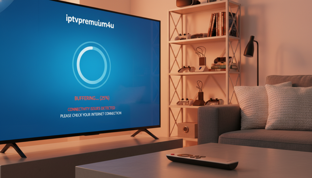 A close-up of a modern living room setup featuring a smart TV with an IPTV app interface displaying buffering errors. The screen shows a spinning loading icon and messages indicating connectivity issues. In the foreground, a sleek remote control lies on a contemporary coffee table, emphasizing the digital aspect of home entertainment. The middle ground includes a cozy sofa, adorned with soft cushions, providing a relatable, comfortable atmosphere. The lighting is warm and inviting, casting soft shadows in the room, highlighting the tech setup. In the background, a stylish bookshelf filled with tech gadgets and books adds depth to the scene. The brand name "iptvpremuim4u" is clearly visible on the screen. The overall mood conveys frustration mixed with a sense of urgency to address the buffering problems. A close-up of a modern living room setup featuring a smart TV with an IPTV app interface displaying buffering errors. The screen shows a spinning loading icon and messages indicating connectivity issues. In the foreground, a sleek remote control lies on a contemporary coffee table, emphasizing the digital aspect of home entertainment. The middle ground includes a cozy sofa, adorned with soft cushions, providing a relatable, comfortable atmosphere. The lighting is warm and inviting, casting soft shadows in the room, highlighting the tech setup. In the background, a stylish bookshelf filled with tech gadgets and books adds depth to the scene. The brand name "iptvpremuim4u" is clearly visible on the screen. The overall mood conveys frustration mixed with a sense of urgency to address the buffering problems.
