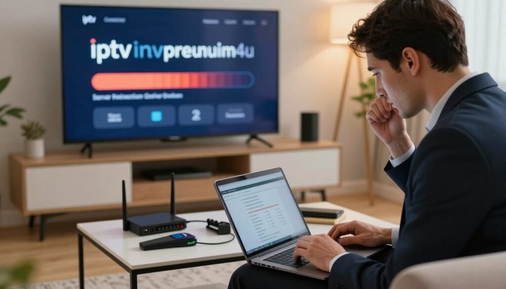 A close-up view of a modern living room setting with a sleek TV displaying the IPTV app "iptvpremuim4u" on the screen, showing a buffering symbol and an error message indicating server downtime. In the foreground, a professional-looking technician, dressed in business attire, is sitting on a couch with a laptop, focused intently on troubleshooting the issue. The middle layer reveals a coffee table with various technical tools and devices, such as a network router and cables, all well-arranged. The background features a cozy, contemporary interior with soft lighting, giving a warm yet serious atmosphere. The scene captures a sense of urgency and professionalism, illustrating advanced troubleshooting techniques for IPTV server issues. A close-up view of a modern living room setting with a sleek TV displaying the IPTV app "iptvpremuim4u" on the screen, showing a buffering symbol and an error message indicating server downtime. In the foreground, a professional-looking technician, dressed in business attire, is sitting on a couch with a laptop, focused intently on troubleshooting the issue. The middle layer reveals a coffee table with various technical tools and devices, such as a network router and cables, all well-arranged. The background features a cozy, contemporary interior with soft lighting, giving a warm yet serious atmosphere. The scene captures a sense of urgency and professionalism, illustrating advanced troubleshooting techniques for IPTV server issues.