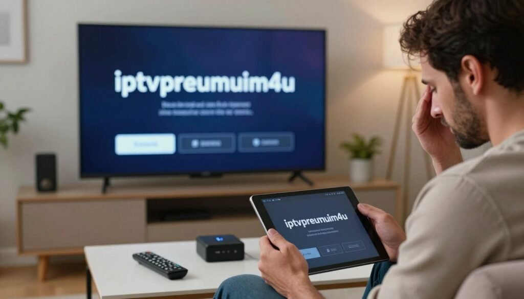 A close-up view of a modern living room with a sleek smart TV displaying an error screen of the "iptvpremuim4u" app, showcasing a technical error message in clear, bold graphics. In the foreground, a professional man in casual attire is seated on a comfortable couch, visibly concerned while examining a tablet, suggesting the act of troubleshooting. The middle ground includes a neatly placed coffee table with a remote control and some tech gadgets, adding to the scene's focus on device setup. In the background, soft ambient lighting creates a soothing atmosphere, hinting at a relaxed home environment. The overall mood should be one of determination and problem-solving, emphasizing the challenge of fixing technical issues.