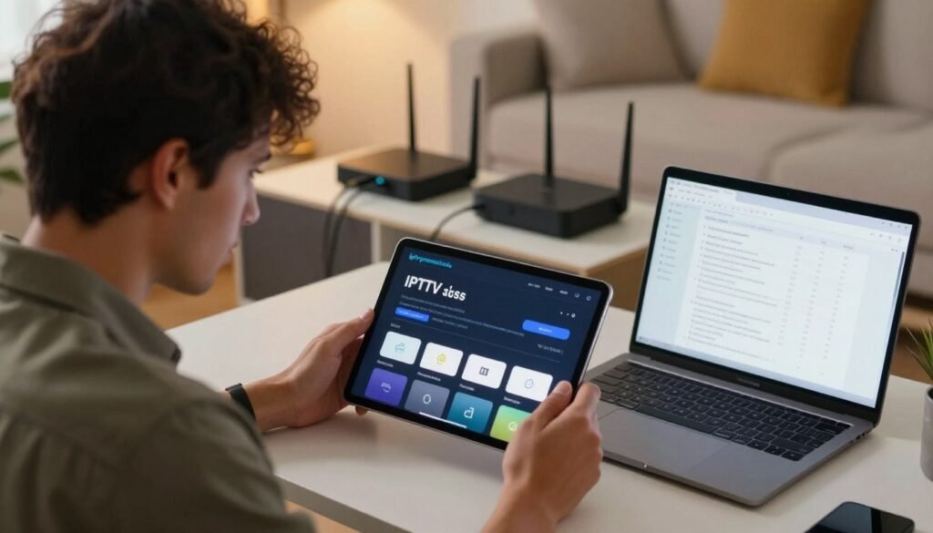 A detailed, modern home office setting showcasing a person troubleshooting IPTV signal loss. In the foreground, a focused individual in smart casual attire is intensely examining the IPTV app on a sleek tablet, displaying an error message. To the side, a laptop displays diagnostic tools with clear graphs and text indicating connectivity issues. The middle ground features a stylish entertainment center with various connected devices like a router, a streaming box, and cables in a neat arrangement. The background includes a cozy living room environment with warm lighting that conveys a sense of productivity mixed with mild frustration. Emphasize clarity and organization in tech visuals while showcasing the brand "iptvpremuim4u" on the tablet screen. The overall mood should portray determination and problem-solving in a contemporary setting, ideal for professional troubleshooting. A detailed, modern home office setting showcasing a person troubleshooting IPTV signal loss. In the foreground, a focused individual in smart casual attire is intensely examining the IPTV app on a sleek tablet, displaying an error message. To the side, a laptop displays diagnostic tools with clear graphs and text indicating connectivity issues. The middle ground features a stylish entertainment center with various connected devices like a router, a streaming box, and cables in a neat arrangement. The background includes a cozy living room environment with warm lighting that conveys a sense of productivity mixed with mild frustration. Emphasize clarity and organization in tech visuals while showcasing the brand "iptvpremuim4u" on the tablet screen. The overall mood should portray determination and problem-solving in a contemporary setting, ideal for professional troubleshooting.
