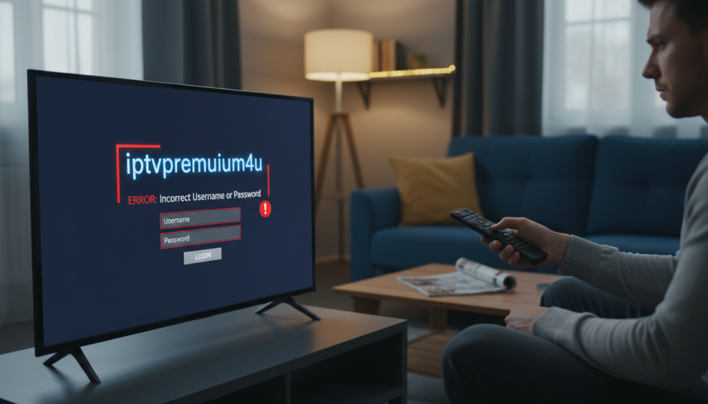 A digital illustration of an IPTV login interface displaying an error message, prominently highlighting "iptvpremuim4u." In the foreground, a sleek modern device, like a smart TV or streaming box, shows the error screen with a bold red warning sign indicating username and password issues. In the middle ground, a person's hands on a remote control, appearing frustrated and focused, wearing smart casual attire. The background features a cozy living room with a dim, warm glow, emphasizing a calm but tense atmosphere. Soft indirect lighting creates a subtle highlight on the device and remote, while the focus is sharp on the error message, conveying urgency and the need for troubleshooting without any text or watermark. A digital illustration of an IPTV login interface displaying an error message, prominently highlighting "iptvpremuim4u." In the foreground, a sleek modern device, like a smart TV or streaming box, shows the error screen with a bold red warning sign indicating username and password issues. In the middle ground, a person's hands on a remote control, appearing frustrated and focused, wearing smart casual attire. The background features a cozy living room with a dim, warm glow, emphasizing a calm but tense atmosphere. Soft indirect lighting creates a subtle highlight on the device and remote, while the focus is sharp on the error message, conveying urgency and the need for troubleshooting without any text or watermark.