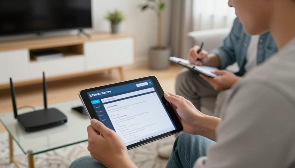 A focused technician in a modern living room, troubleshooting IPTV channels using a tablet displaying the "iptvpremium4u" app with error messages. The foreground showcases a close-up of the tablet screen with error notifications, surrounded by various connected devices like a router and a smart TV. In the middle ground, the technician, dressed in smart casual attire, uses a notepad to jot down observations. The background features a cozy living room setting with a stylish media console and a soft sofa. The lighting is bright and natural, with a slight focus effect on the technician, creating a professional yet approachable mood. Emphasize clear, modern tech visuals without any text or copyright elements.