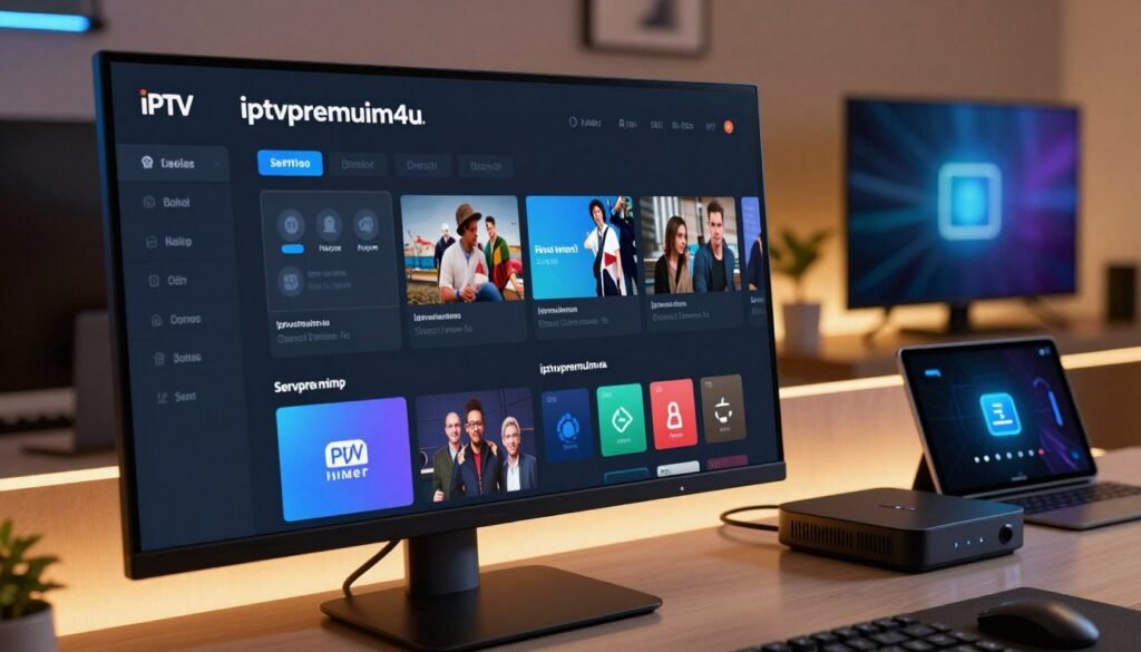 A modern IPTV server interface displayed on a sleek, high-resolution monitor with an aesthetic, dark-themed user interface. In the foreground, clear IPTV app screens show connection statuses, error notifications, and server health indicators, highlighting the brand name "iptvpremuim4u." The middle section features various home multimedia devices, such as a streaming box, a tablet, and a smart TV, all displaying status icons and connectivity signals. The background consists of a softly lit tech-themed workspace, emphasizing a clean and professional atmosphere. Use warm LED lighting to create a welcoming ambiance, captured from a slightly elevated angle to showcase the entire setup. Aim for a sense of urgency and focus, illustrating the troubleshooting process of confirming server status.