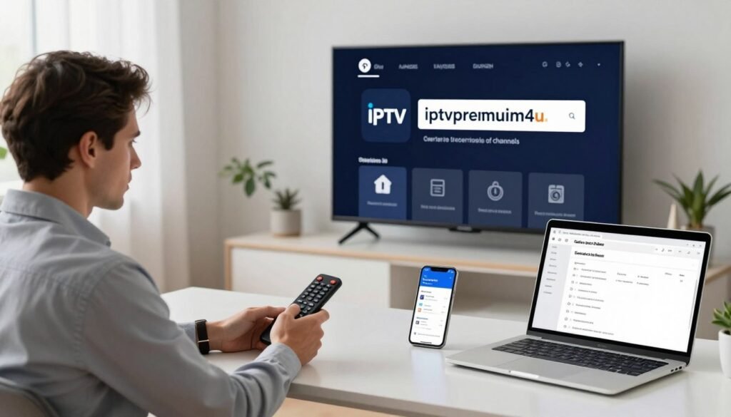 A modern, clean workspace with a sleek smart TV displaying an IPTV app screen indicating a service outage. In the foreground, a user in professional business attire sits at a stylish desk, looking concerned as they examine their remote control. The IPTV app logo “iptvpremuim4u” is visible on the screen, accompanied by an error message highlighting the lack of channels. The middle of the scene features a smartphone showing diagnostic tools and a wifi signal strength indicator, while a laptop displays an online service status checker. The background reveals a stylish home office, well-lit with natural light streaming in through a window, setting a calm yet urgent mood in a tech-savvy atmosphere.