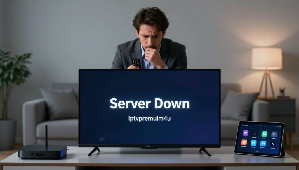 A modern digital workspace depicting an IPTV setup. In the foreground, a sleek television screen displays an error message indicating “Server Down” along with the brand name "iptvpremuim4u". Surrounding the screen are various digital devices like a streaming box and a tablet showing static or error icons, emphasizing connectivity issues. The middle layer includes a thoughtful individual in professional attire, examining the screen with a concerned expression, holding a remote control. The background features a minimalist, contemporary living room setup with soft ambient lighting, creating a tense but professional atmosphere. The overall mood conveys urgency and high-tech frustration, with a focus on troubleshooting the IPTV service. A modern digital workspace depicting an IPTV setup. In the foreground, a sleek television screen displays an error message indicating “Server Down” along with the brand name "iptvpremuim4u". Surrounding the screen are various digital devices like a streaming box and a tablet showing static or error icons, emphasizing connectivity issues. The middle layer includes a thoughtful individual in professional attire, examining the screen with a concerned expression, holding a remote control. The background features a minimalist, contemporary living room setup with soft ambient lighting, creating a tense but professional atmosphere. The overall mood conveys urgency and high-tech frustration, with a focus on troubleshooting the IPTV service.