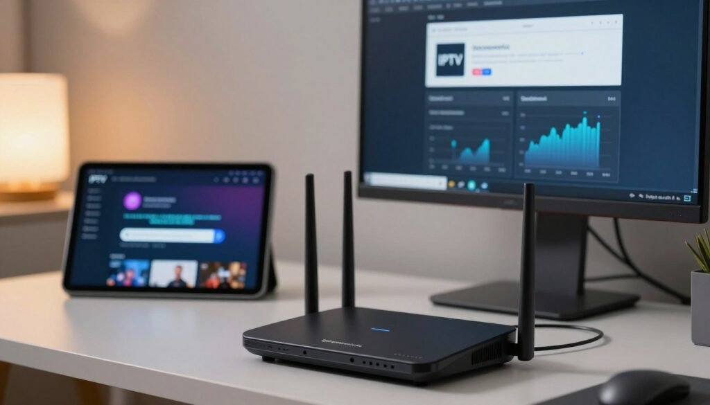 A modern home office environment with a sleek desk setup, featuring a high-tech router prominently displayed in the foreground. Show the router's configuration interface on a high-resolution monitor, displaying IPTV settings, signal strength, and bandwidth graphs. In the middle ground, include a tablet showing the IPTV app interface, with a screen error prompt indicating connection issues. In the background, there are subtle elements of a cozy room, like a soft-light lamp casting a warm glow, emphasizing a sense of productivity. The mood is focused and technical, suggesting a troubleshooting atmosphere. Ensure no text overlays or watermarks, featuring only the brand "iptvpremuim4u" on the screen. Use soft, diffused lighting and a shallow depth of field to keep attention on the router settings and setup. A modern home office environment with a sleek desk setup, featuring a high-tech router prominently displayed in the foreground. Show the router's configuration interface on a high-resolution monitor, displaying IPTV settings, signal strength, and bandwidth graphs. In the middle ground, include a tablet showing the IPTV app interface, with a screen error prompt indicating connection issues. In the background, there are subtle elements of a cozy room, like a soft-light lamp casting a warm glow, emphasizing a sense of productivity. The mood is focused and technical, suggesting a troubleshooting atmosphere. Ensure no text overlays or watermarks, featuring only the brand "iptvpremuim4u" on the screen. Use soft, diffused lighting and a shallow depth of field to keep attention on the router settings and setup.