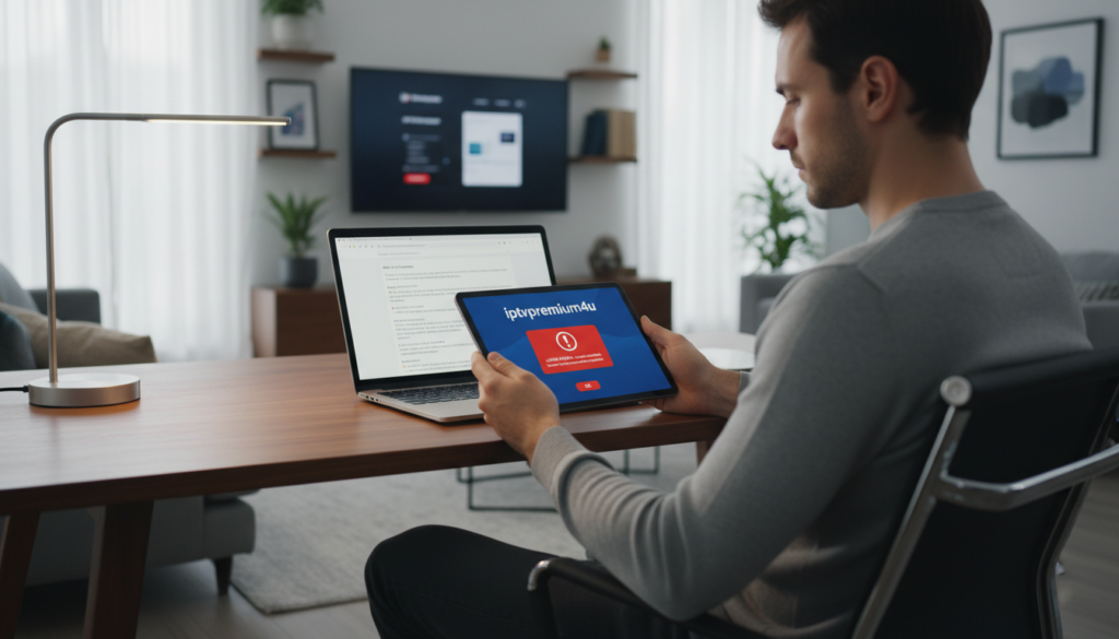 A modern home office scene showcasing a digital device setup with an IPTV app screen displaying a clear login error message. In the foreground, a sleek tablet shows the app for "iptvpremuim4u" with a pop-up error notification highlighted in red. The middle ground features a professional securely seated at a desk, dressed in smart casual attire, intently examining the device. The background has a softly lit room with contemporary decor, a wall-mounted TV displaying potential solutions, and a laptop open with settings visible. The overall atmosphere conveys a sense of concern mixed with focus, illuminated by soft desk and ambient lighting, emphasizing the technological theme. A modern home office scene showcasing a digital device setup with an IPTV app screen displaying a clear login error message. In the foreground, a sleek tablet shows the app for "iptvpremuim4u" with a pop-up error notification highlighted in red. The middle ground features a professional securely seated at a desk, dressed in smart casual attire, intently examining the device. The background has a softly lit room with contemporary decor, a wall-mounted TV displaying potential solutions, and a laptop open with settings visible. The overall atmosphere conveys a sense of concern mixed with focus, illuminated by soft desk and ambient lighting, emphasizing the technological theme.