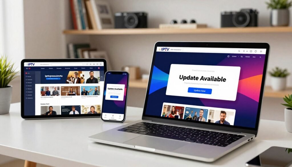 A modern home office setup featuring a sleek laptop screen displaying the interface of an IPTV app named "iptvpremuim4u". In the foreground, focus on the laptop showing an 'Update Available' notification with vibrant colors and a modern design. In the middle ground, include a stylish tablet and smartphone, all displaying the same IPTV app interface, showcasing various program options and a clear 'Update Now' button. The background features a cozy, well-lit workspace with a tastefully decorated shelf filled with books and tech gadgets. The lighting is bright and inviting, creating a positive atmosphere, suggesting efficiency and the need to stay current with technology. The overall ambiance should be professional yet approachable, reflecting a solution-oriented environment.