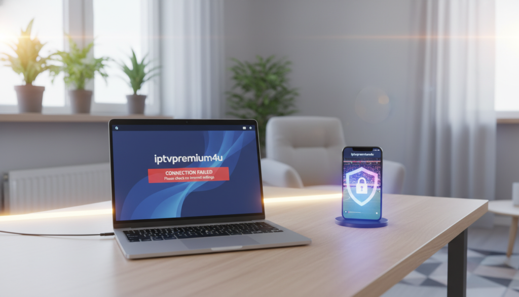 A modern home office setup focusing on a sleek, high-tech workstation. In the foreground, a laptop screen displays the IPTV app "iptvpremuim4u" showing an error message, symbolizing connection issues. Beside it, an animated visual representation of a VPN icon, glowing softly, suggests enhanced performance. In the middle ground, a stylish smartphone with the same app open, reflecting vibrant streaming content, emphasizes device versatility. The background features a bright, well-lit room with potted plants and minimalistic decor, evoking a sense of innovation and comfort. Soft, warm lighting highlights the tech setup, creating an inviting atmosphere, while a subtle lens flare adds depth. The mood is optimistic and empowering, illustrating solutions to improve IPTV performance with a VPN.