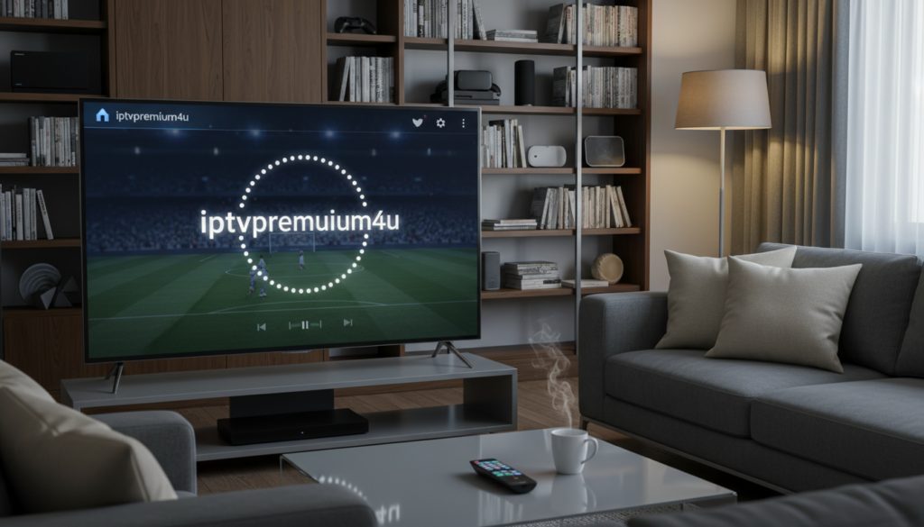 A modern living room scene featuring a highly detailed smart TV displaying an IPTV app interface from "iptvpremuim4u," with a visible buffering icon on the screen. In the foreground, a sleek remote control lies on a glass coffee table beside a steaming cup of coffee. The middle ground showcases a comfortable couch with plush cushions, and a cozy ambiance is created by warm, ambient lighting from a floor lamp. The background includes a stylish bookshelf filled with tech gadgets and books, adding depth to the scene. The mood is subtly tense, reflecting the frustration often associated with buffering issues, while maintaining a clean, professional aesthetic. The composition should have a balanced perspective, possibly viewed from a slightly elevated angle to enhance the tech-savvy atmosphere. A modern living room scene featuring a highly detailed smart TV displaying an IPTV app interface from "iptvpremuim4u," with a visible buffering icon on the screen. In the foreground, a sleek remote control lies on a glass coffee table beside a steaming cup of coffee. The middle ground showcases a comfortable couch with plush cushions, and a cozy ambiance is created by warm, ambient lighting from a floor lamp. The background includes a stylish bookshelf filled with tech gadgets and books, adding depth to the scene. The mood is subtly tense, reflecting the frustration often associated with buffering issues, while maintaining a clean, professional aesthetic. The composition should have a balanced perspective, possibly viewed from a slightly elevated angle to enhance the tech-savvy atmosphere.