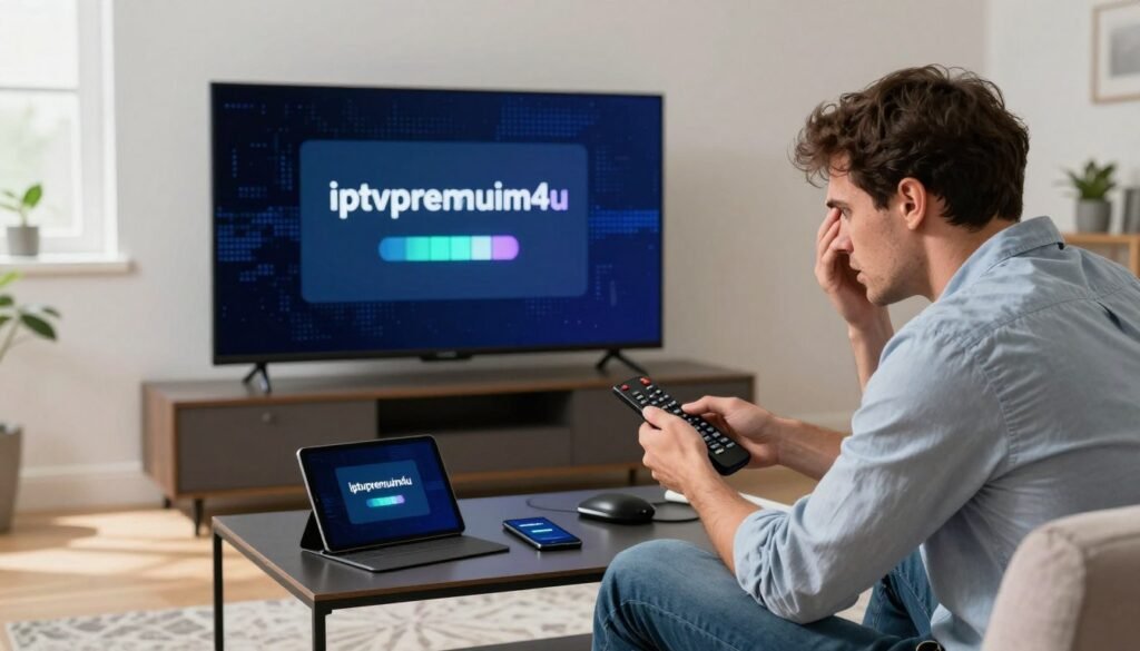 A modern living room scene featuring a sleek smart TV displaying an error message from the "iptvpremuim4u" app, with pixelated streaming visuals and a loading symbol indicating the app is crashing. In the foreground, a concerned person in casual yet professional attire, such as a button-up shirt and jeans, is seated on a couch, holding a remote control, looking frustrated. The middle ground includes a coffee table cluttered with devices like a tablet and smartphone, all showing connectivity issues. The background features a window with bright daylight streaming in, casting soft shadows, enhancing the feeling of urgency and tension. The overall atmosphere is a mix of modern technology and domestic comfort, highlighting the frustration of encountering technical issues.