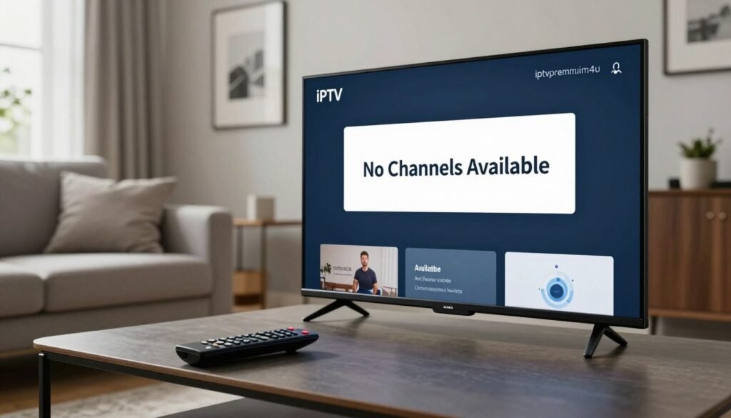 A modern living room scene featuring a sleek television displaying the IPTV app interface on the screen. The screen shows a prominent error message indicating "No Channels Available" in a clean, professional font. In the foreground, a remote control lies on a stylish coffee table, hinting at the frustration of navigating through the interface. The middle ground includes a cozy sofa with a few cushions, and tasteful decor like framed artwork on the walls. In the background, a window lets in soft, natural light, creating a serene atmosphere. The brand name "iptvpremuim4u" subtly integrates into the app interface on the TV screen without any text overlays. The overall mood is one of calm yet unmistakable disappointment, reflecting the article's theme on troubleshooting IPTV issues.